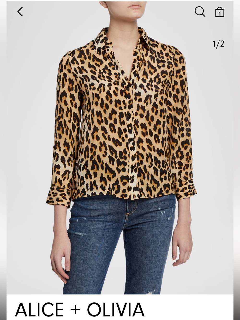 Alice + Olivia Leopard-Print Silk Button-Up Blouse in Tan and Black